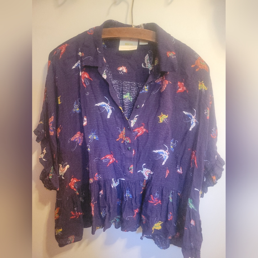 Maeve by Anthropologie Mallory Ruffle Butterfly Print Navy Button Up Blouse Med